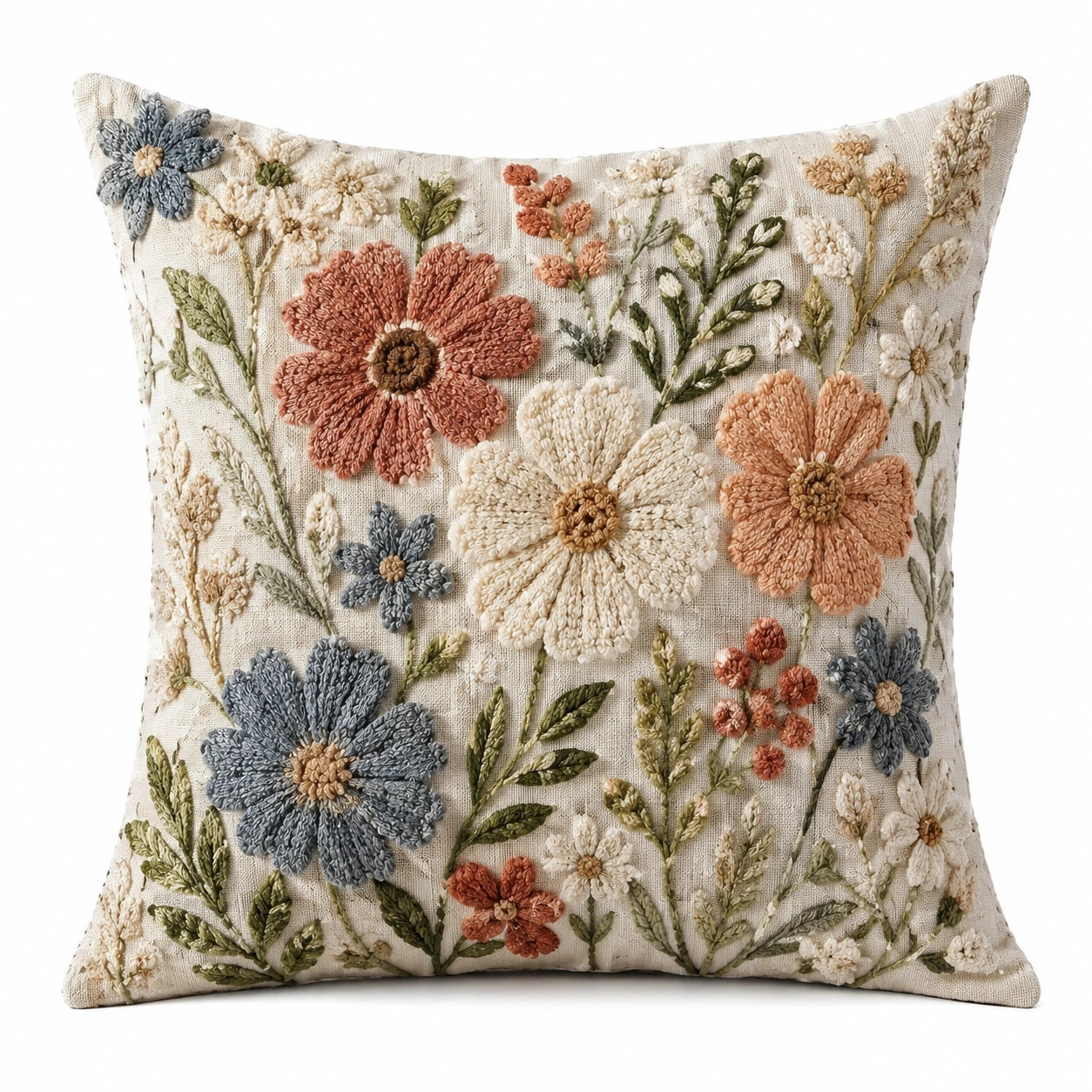 Dekokissen 45 x 45 cm aus Strukturgewebe Beige Mehrfarbig mit Blumenstickerei im Landhausstil