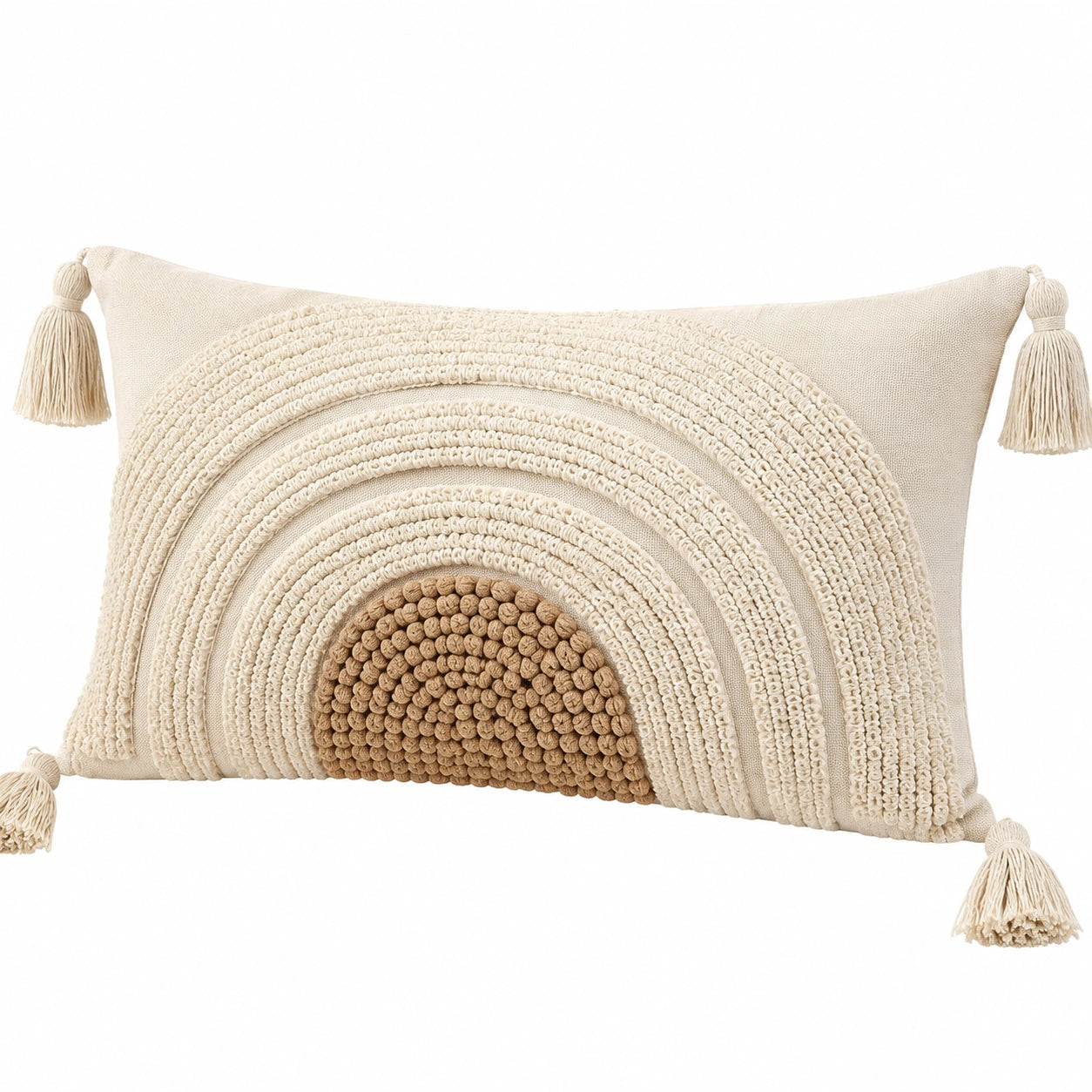 Dekokissen 50 x 30 cm Baumwolloptik Beige Braun mit Regenbogenstruktur und Quasten