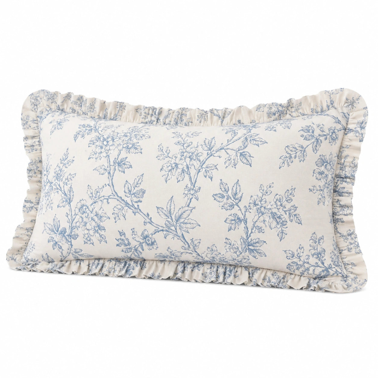 Dekokissen 50 x 30 cm Textil Cremeblau mit Blumenmuster und Rüschen