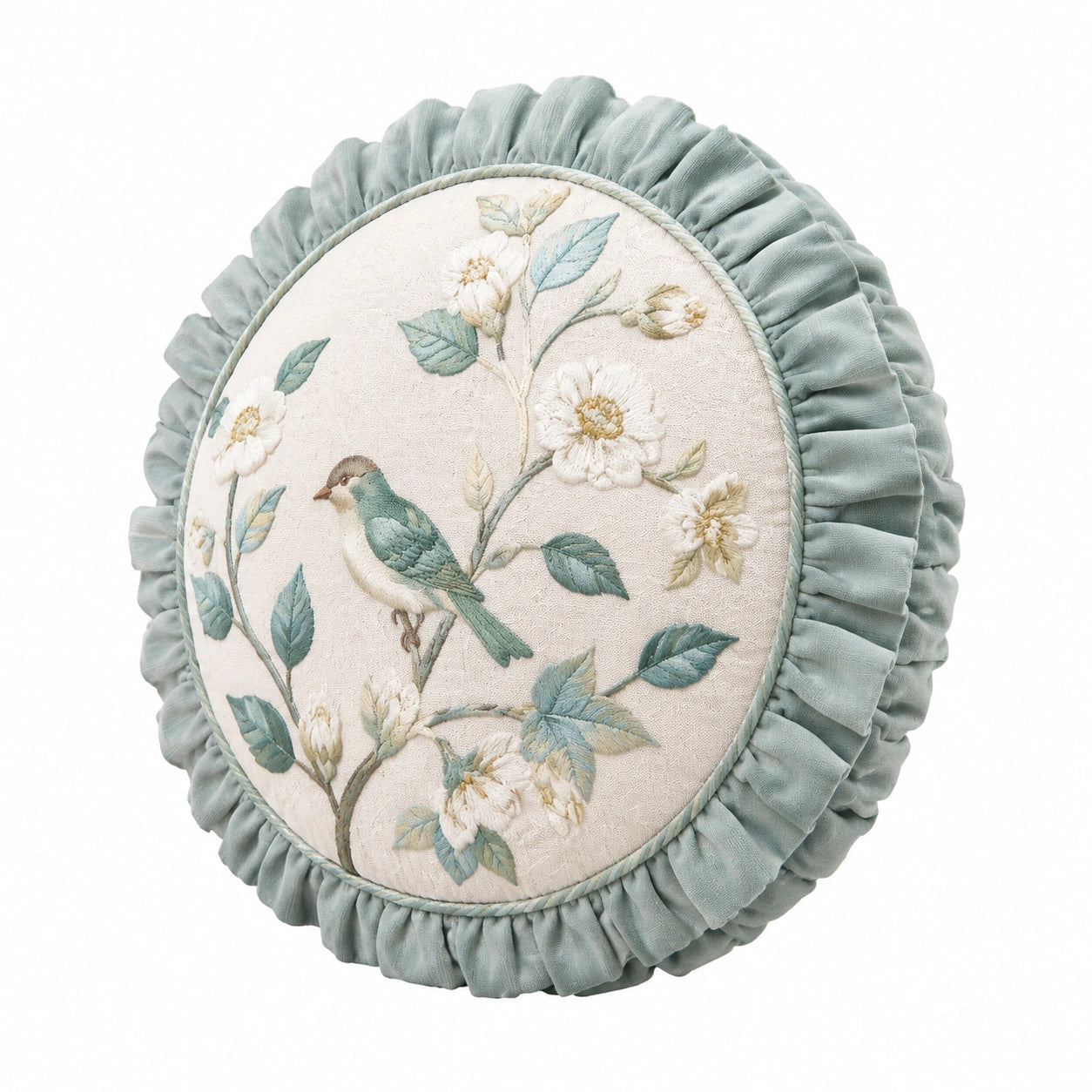 Rundes Dekokissen 45 cm Textil Mint Creme mit Blumen- und Vogelstickerei