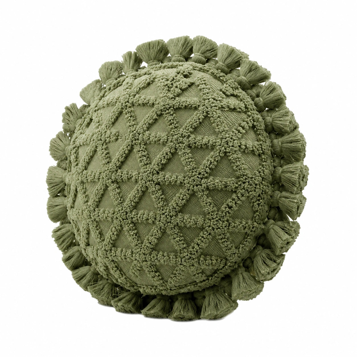 Rundes Zierkissen 45 cm Textil Salbeigrün mit Quasten und Strukturmuster